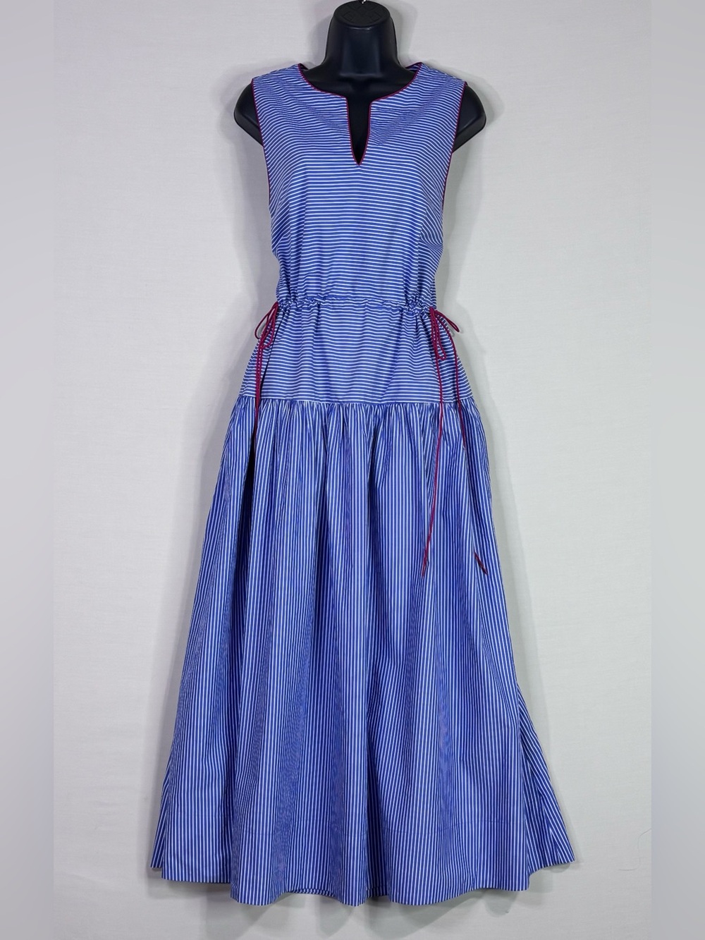 Tuckernuck Blue and White Striped Maxi Dress with Red Trim